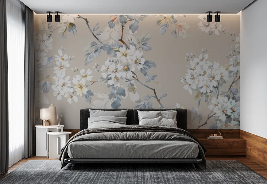 پوستر دیواری سه بعدی اتاق خواب عروس و داماد طرح شکوفه های سفید